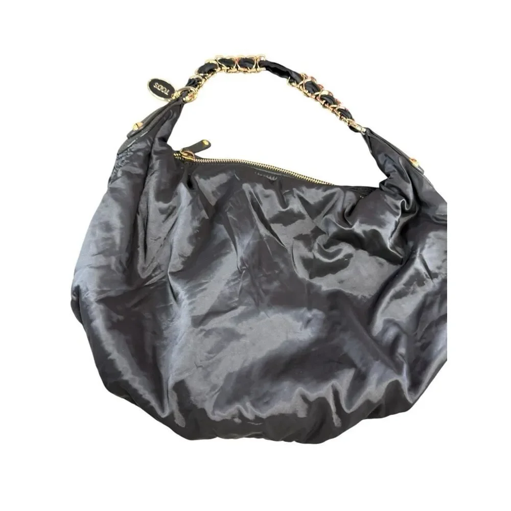 TOD’S Black Hobo Nylon Shoulder Bag w/ Gold Chain Strap & Leather Trim, Italy